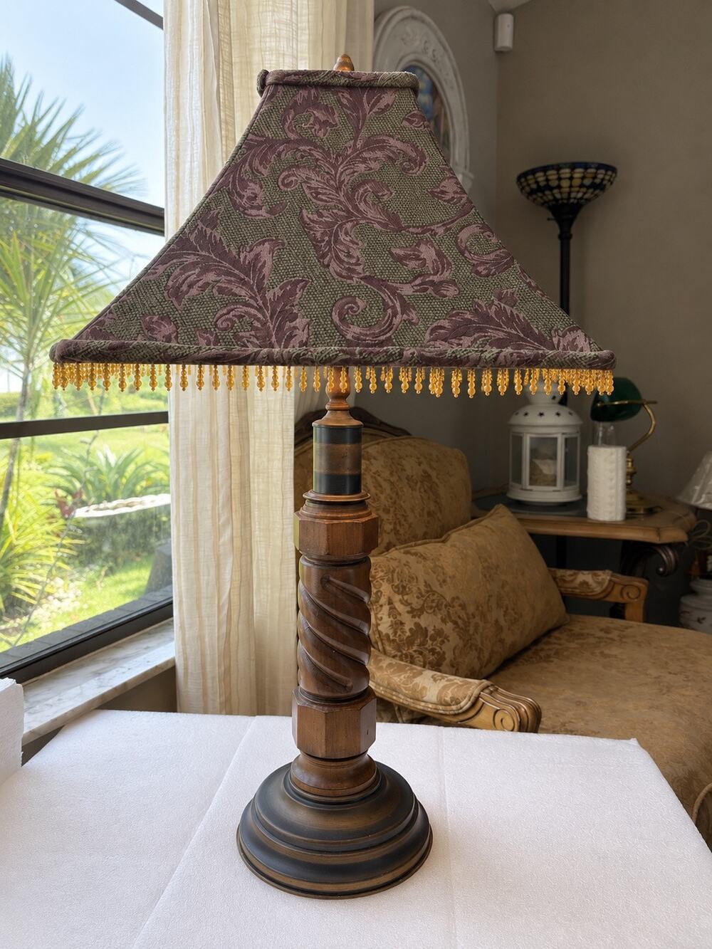 vintage turned-wood table lamp wooden column, paired with shade vintage satin